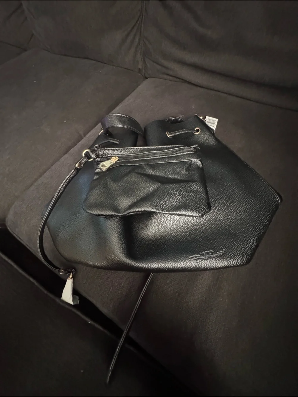 Bella Russo Black Pebbled Bucket Bag, Drawstring/Zip, Detachable Pouch, Gold